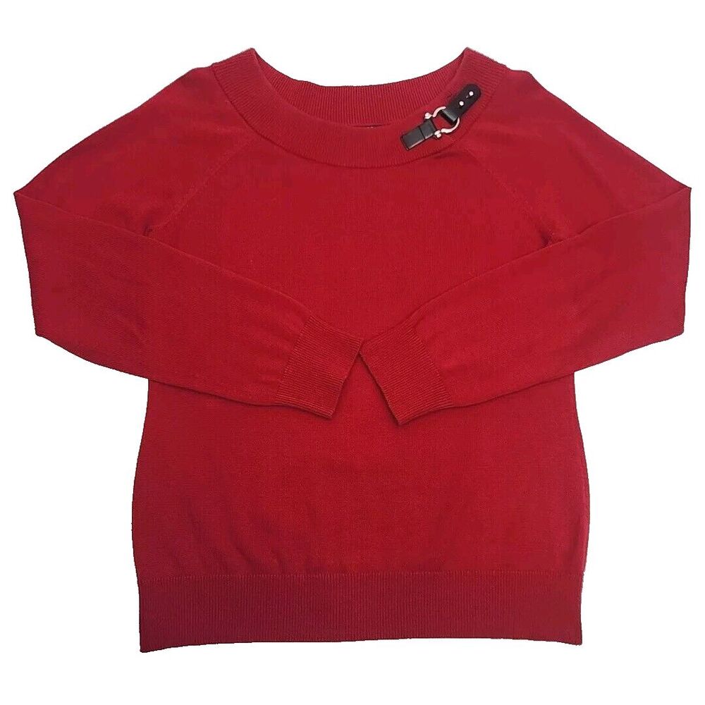 Ralph Lauren Sweater Boat Neck Red Women Sz Medium Buckle Detail Long Slv Shirt